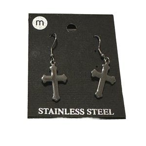 Stainless Steel Silver Dangle Cross Earrings Punk Rock Goth